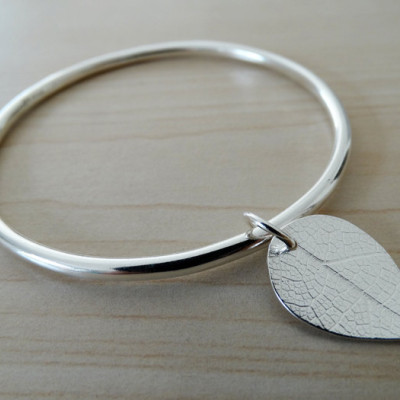 Solid Silver Bangle With Silver Leaf - Sterling Silver