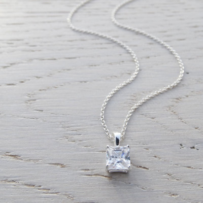 Square Solitaire Cubic Zirconia Necklace - Sterling Silver