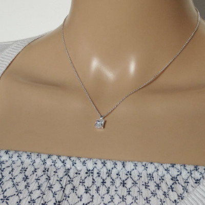 Square Solitaire Cubic Zirconia Necklace - Sterling Silver