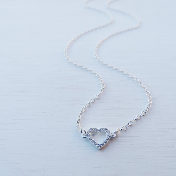 Tiny Heart Necklace, Cubic Zirconia, Sterling Silver