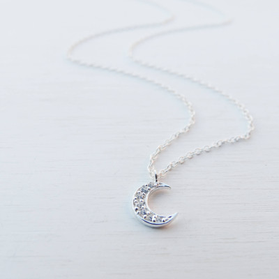 Tiny Moon Necklace, Cubic Zirconia, Sterling Silver