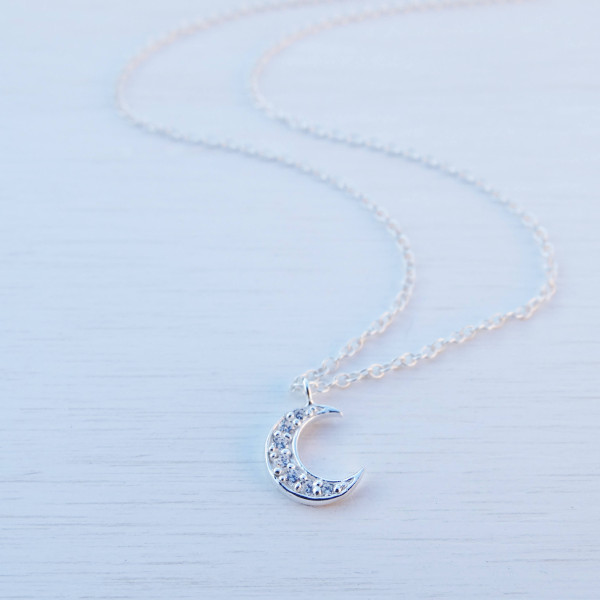 Tiny Moon Necklace, Cubic Zirconia, Sterling Silver