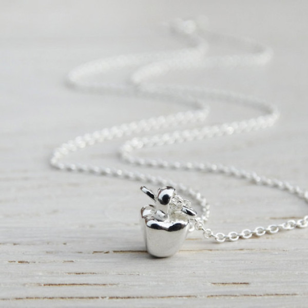 Tiny Silver Apple Necklace - Sterling Silver - Teacher Gift