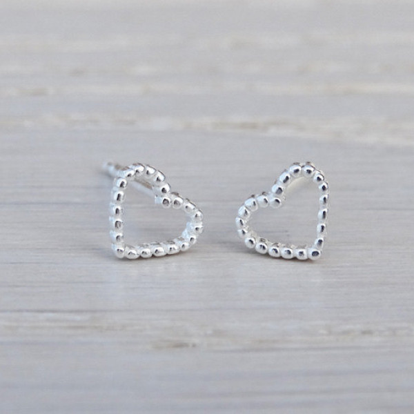 Tiny Silver Dotty Heart Stud Earrings - Sterling Silver