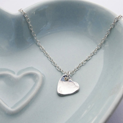 Tiny Silver Heart Necklace - Hammered Finish - Sterling Silver