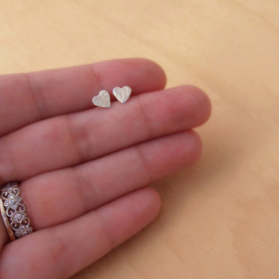 Tiny Silver Heart Stud Earrings - Hammered Finish - Sterling Silver