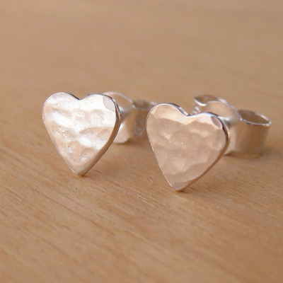 Tiny Silver Heart Stud Earrings - Hammered Finish - Sterling Silver