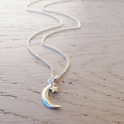 Tiny Silver Moon & Star Necklace - Sterling Silver
