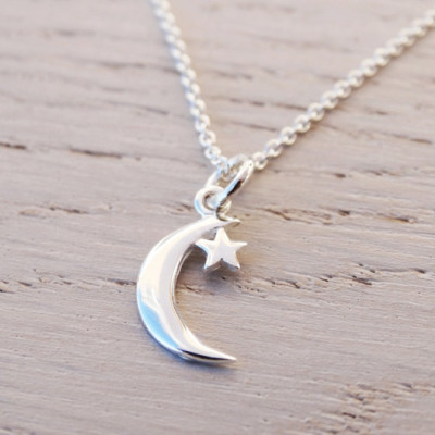 Tiny Silver Moon & Star Necklace - Sterling Silver