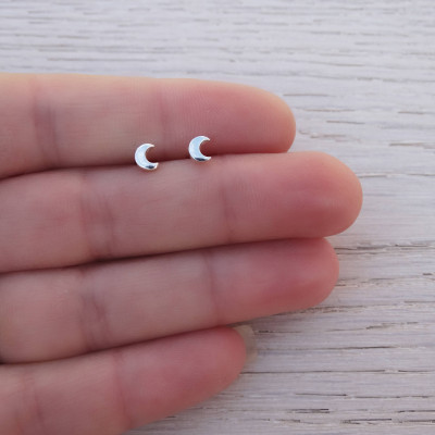 Tiny Silver Moon Studs, Sterling Silver, Crescent Moon Earrings
