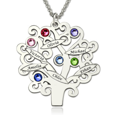 Engraved Family Tree Necklace with Birthstones Sterling Silver - Handmade By AOL Special