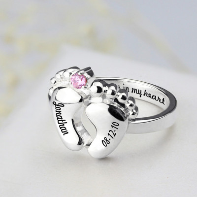Engraved Baby Feet Ring with Birthstone Sterling Silver - Handmade By AOL Special