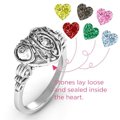 Cursive Mom Caged Hearts Ring with Butterfly Wings Band - Handmade By AOL Special