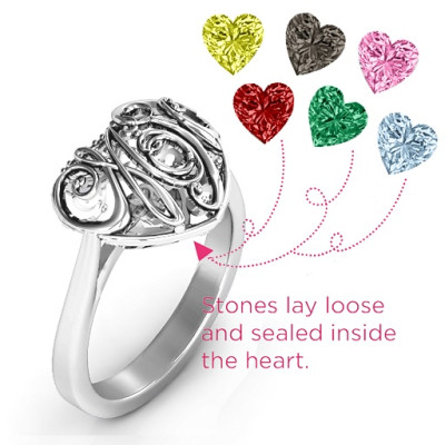 Cursive Mom Caged Hearts Ring with Ski Tip Band - Handmade By AOL Special
