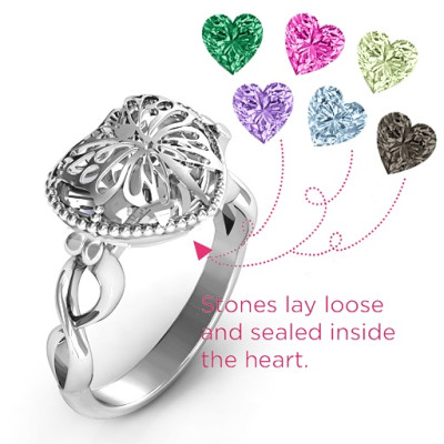 Sterling Silver Butterfly Caged Hearts Ring with Infinity Band - Handmade By AOL Special