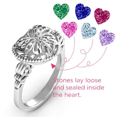 Butterfly Caged Hearts Ring with Butterfly Wings Band - Handmade By AOL Special