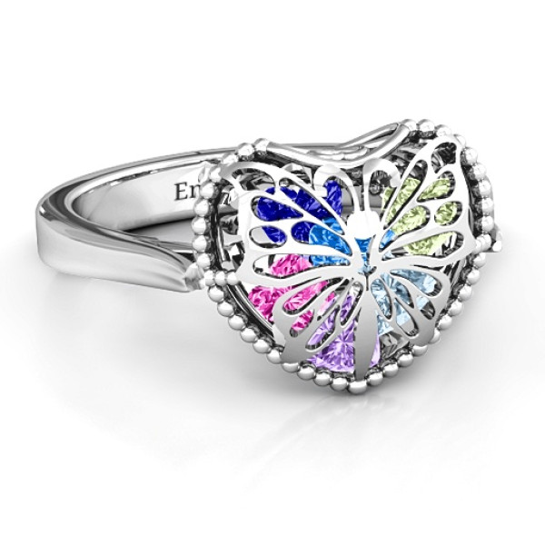 Butterfly Caged Hearts Ring with Ski Tip Band - Handmade By AOL Special