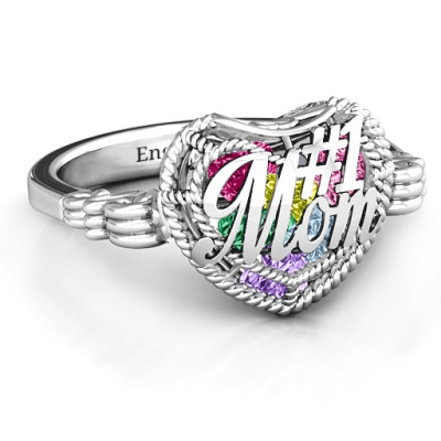 #1 Mom Caged Hearts Ring with Butterfly Wings Band - Handmade By AOL Special