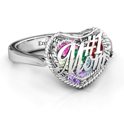 #1 Mom Caged Hearts Ring with Ski Tip Band - Handmade By AOL Special