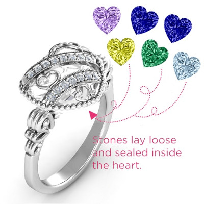 Sparkling Diamond Hearts Caged Hearts Ring with Butterfly Wings Band - Handmade By AOL Special