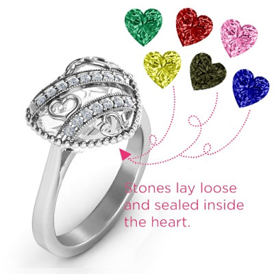Sparkling Hearts Caged Hearts Ring with Ski Tip Band - Handmade By AOL Special