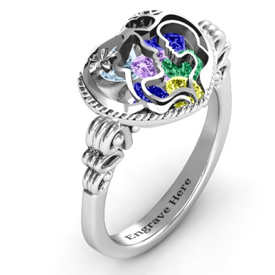 Mother and Child Caged Hearts Ring with Butterfly Wings Band - Handmade By AOL Special
