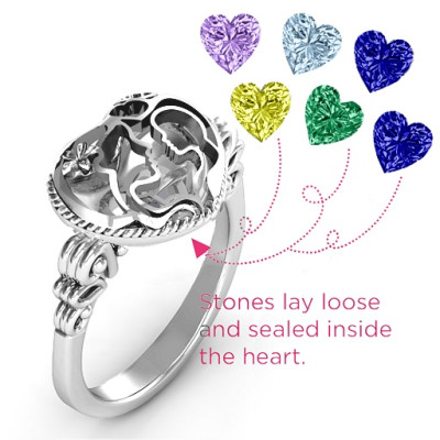 Mother and Child Caged Hearts Ring with Butterfly Wings Band - Handmade By AOL Special