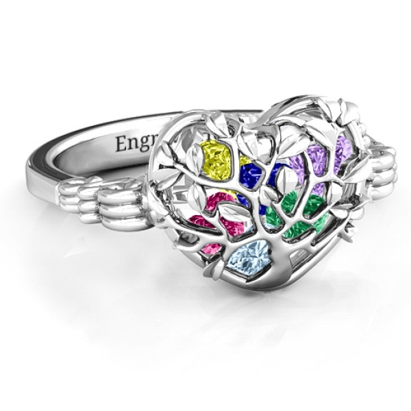 Family Tree Caged Hearts Ring with Butterfly Wings Band - Handmade By AOL Special