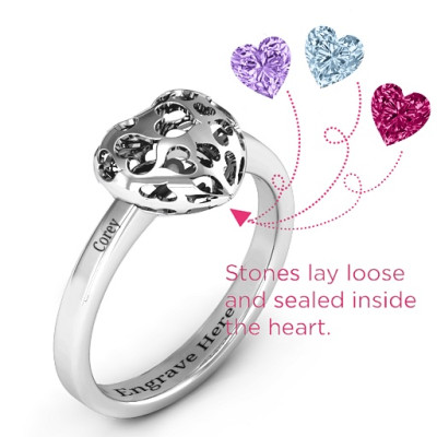 Heart Cut-out Petite Caged Hearts Ring with Classic with Engravings Band - Handmade By AOL Special