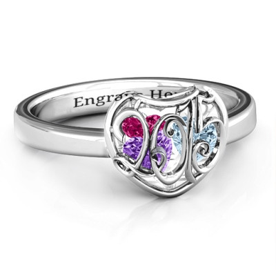 2015 Petite Caged Hearts Ring with Classic with Engravings Band - Handmade By AOL Special