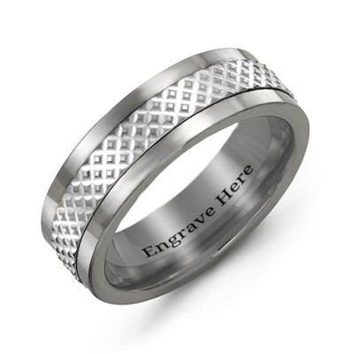 Sterling Silver Men's Tungsten Mesh Inlay Band Ring - Handmade By AOL Special