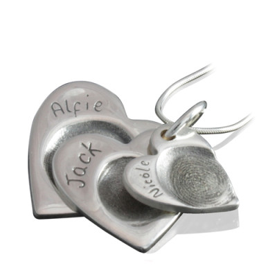 925 Sterling Silver FingerPrint Cascade Triple Heart Pendant - Handmade By AOL Special