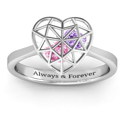 Diamond Heart Cage Ring With Encased Heart Stones - Handmade By AOL Special