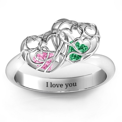 Double Heart Cage Ring with 1-6 Heart Shaped Birthstones - Handmade By AOL Special