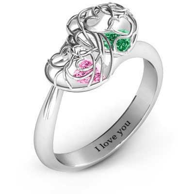 Double Heart Cage Ring with 1-6 Heart Shaped Birthstones - Handmade By AOL Special