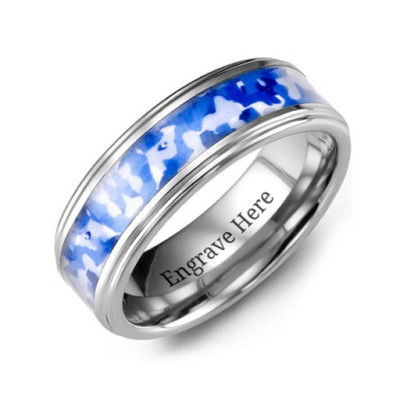 Grooved Tungsten Ring with Royal Blue Camouflage Insert - Handmade By AOL Special