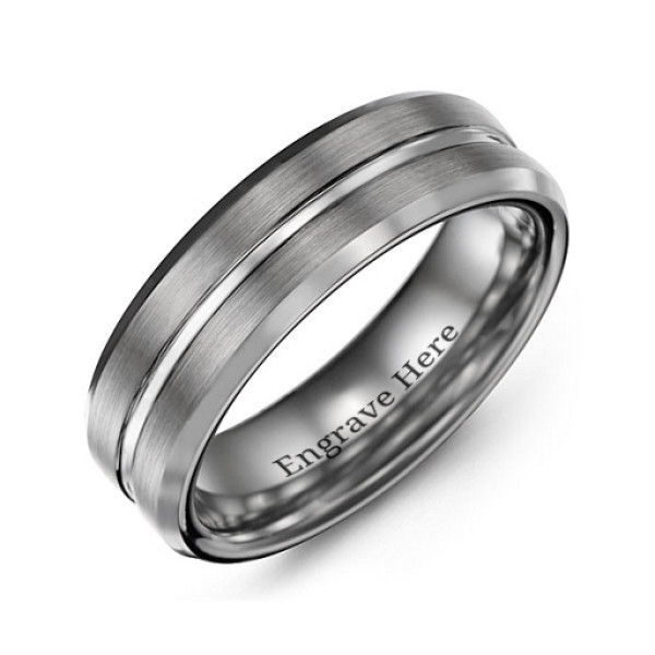Men's Brushed Grooved Centre Beveled Tungsten Ring - Handmade By AOL Special