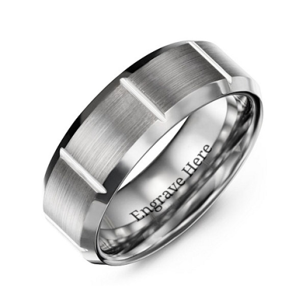 Men's Brushed Vertical Grooved Polished Tungsten Ring - Handmade By AOL Special