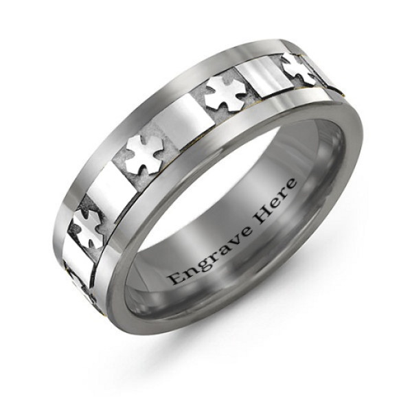 Men's Polished Crosses Tungsten Band Ring - Handmade By AOL Special