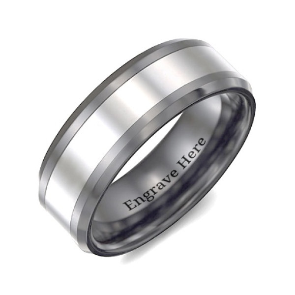 Men's Two Tone Black Tungsten Polished Ring - Handmade By AOL Special