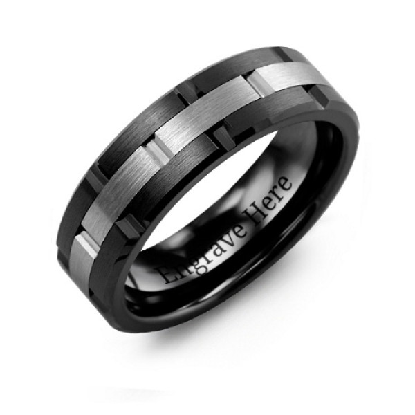 Men's Ceramic & Tungsten Grooved Brushed Ring - Handmade By AOL Special