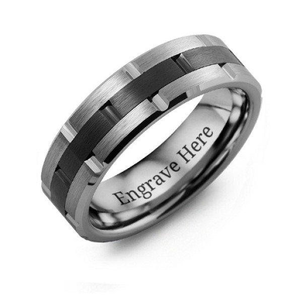 Men's Tungsten & Ceramic Grooved Brushed Ring - Handmade By AOL Special