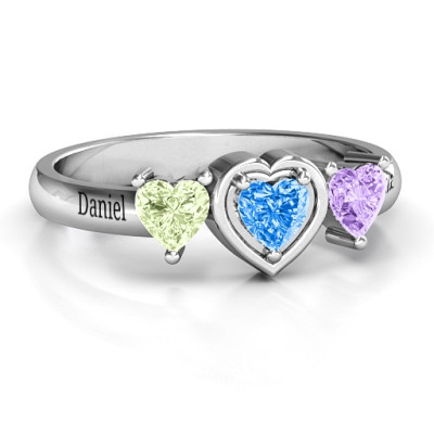 Sterling Silver Heart Stone with Twin Heart Accents Ring - Handmade By AOL Special