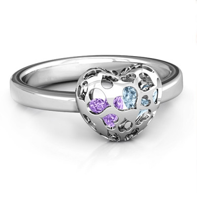 Sterling Silver Petite Caged Hearts Ring with 1-3 Stones - Handmade By AOL Special