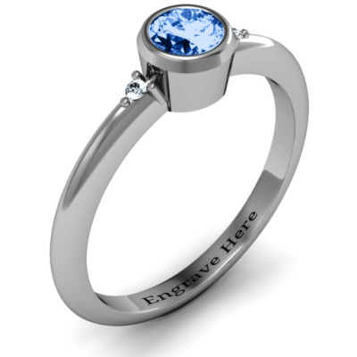 Sterling Silver Round Bezel Solitaire with Twin Accents Ring - Handmade By AOL Special