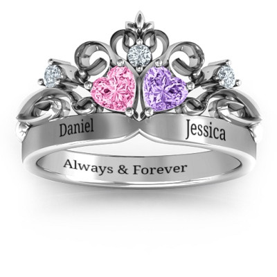 Sterling Silver Royal Romance Double Heart Tiara Ring with Engravings - Handmade By AOL Special