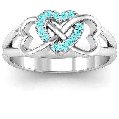 Sterling Silver Triple Heart Infinity Ring with Mint Swarovski Zirconia Stones - Handmade By AOL Special