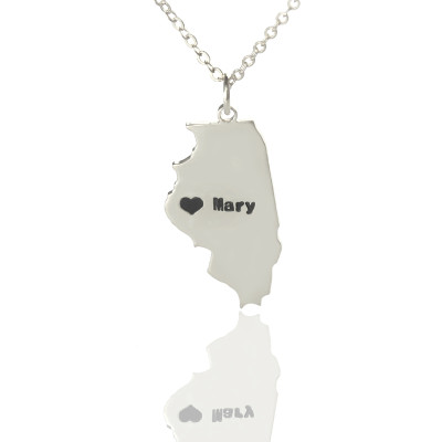 Personalized Illinois State Shaped Necklaces With Heart Name Silver - Handmade By AOL Special