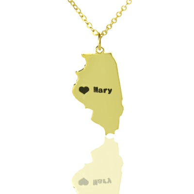 Custom Illinois State Shaped Necklaces With Heart Name Gold Plated - Handmade By AOL Special