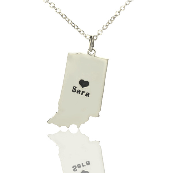 Custom Indiana State Shaped Necklaces With Heart Name Silver - Handmade By AOL Special
